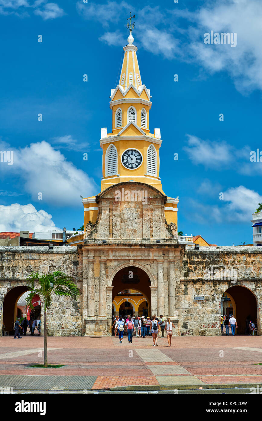 lock tower Torre del Reloj and Plaza de la Paz, Cartagena de Indias, Colombia, South America Stock Photo
