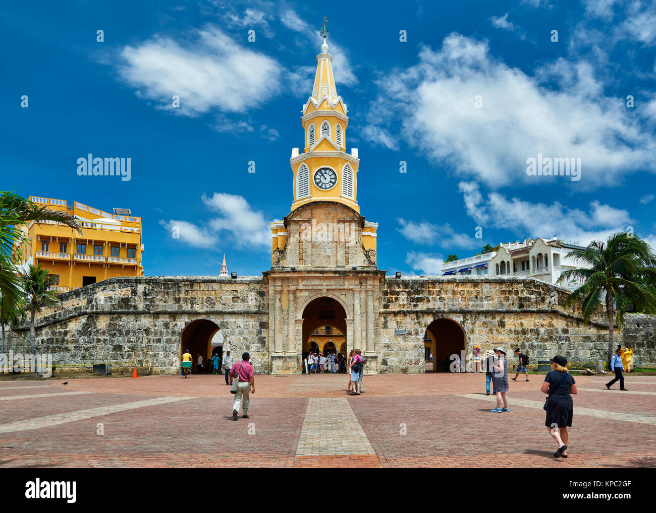 lock tower Torre del Reloj and Plaza de la Paz, Cartagena de Indias, Colombia, South America Stock Photo