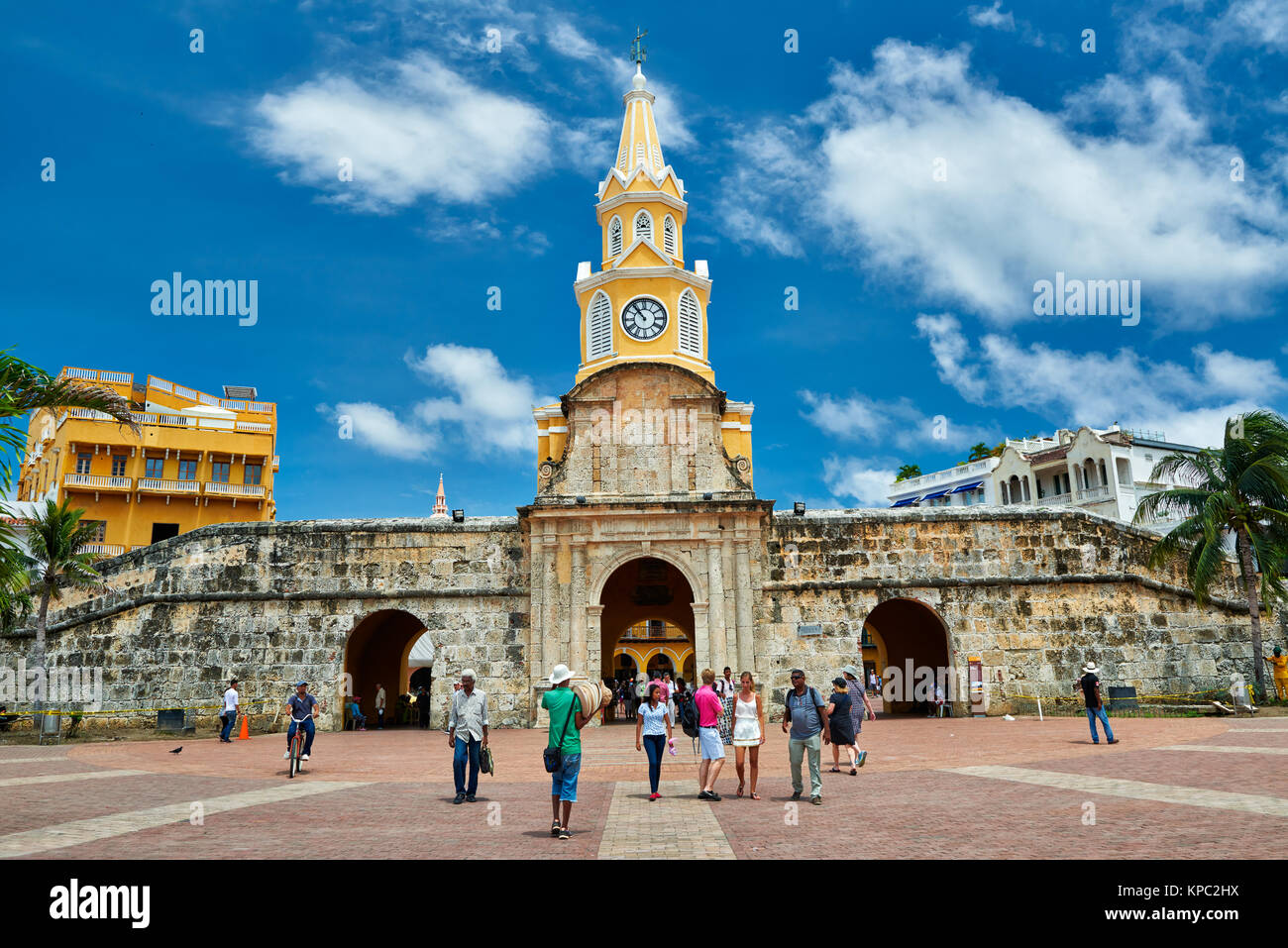 lock tower Torre del Reloj and Plaza de la Paz, Cartagena de Indias, Colombia, South America Stock Photo