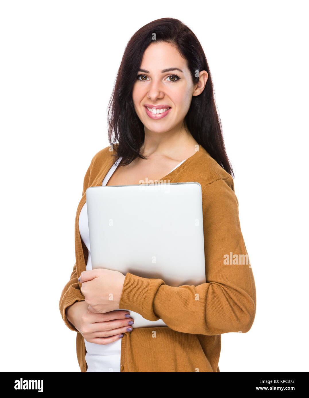 Woman hold with laptop computer Stock Photo Alamy