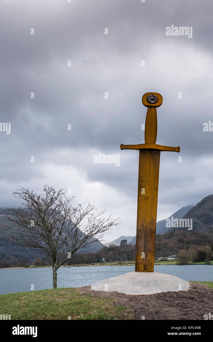 Sword sculpture that celebrates the Welsh princes erected beside beauty