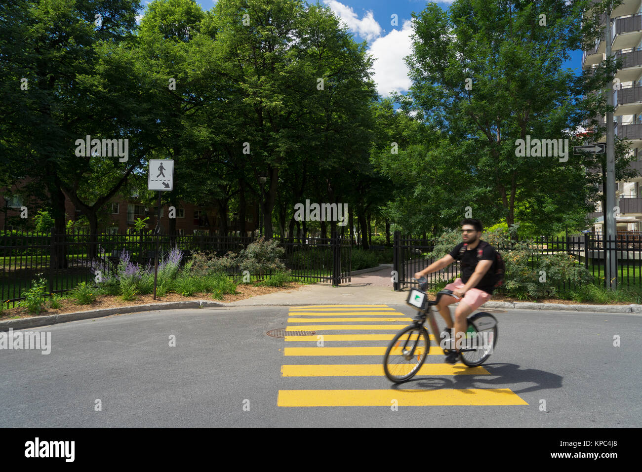 Young man riding a Bixi rental bike in Montreal, province of Quebec