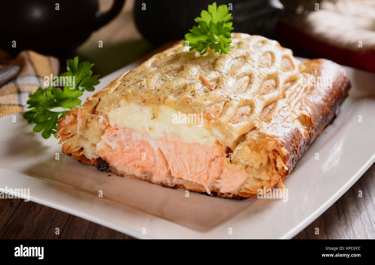 Pie with salmon Stock Photo Alamy
