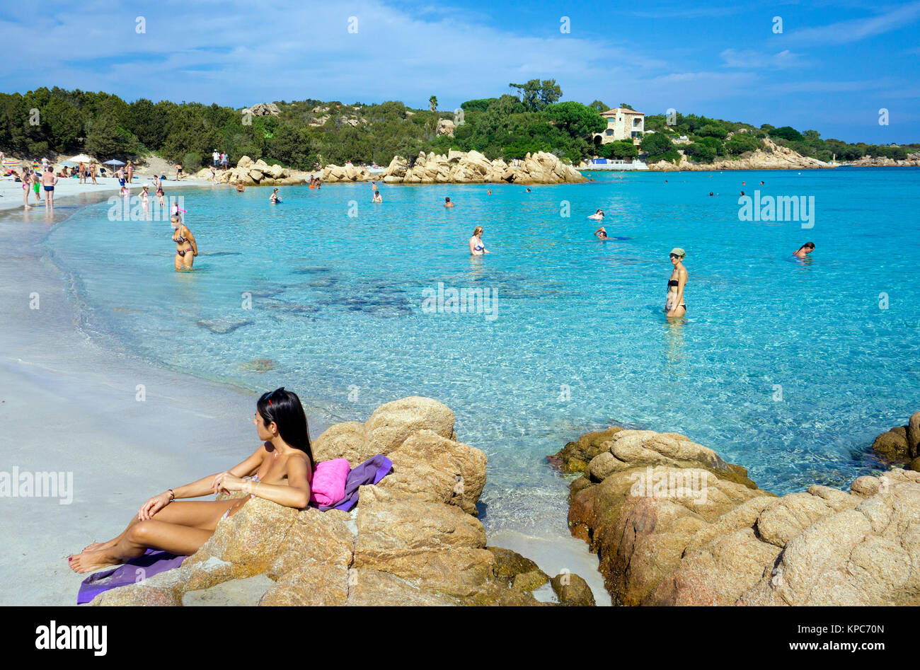 Idyllic beach with turquoise colour sea and granite rocks at Capriccioli, Costa Smeralda, Sardinia, Italy, Mediterranean sea, Europe Stock Photo