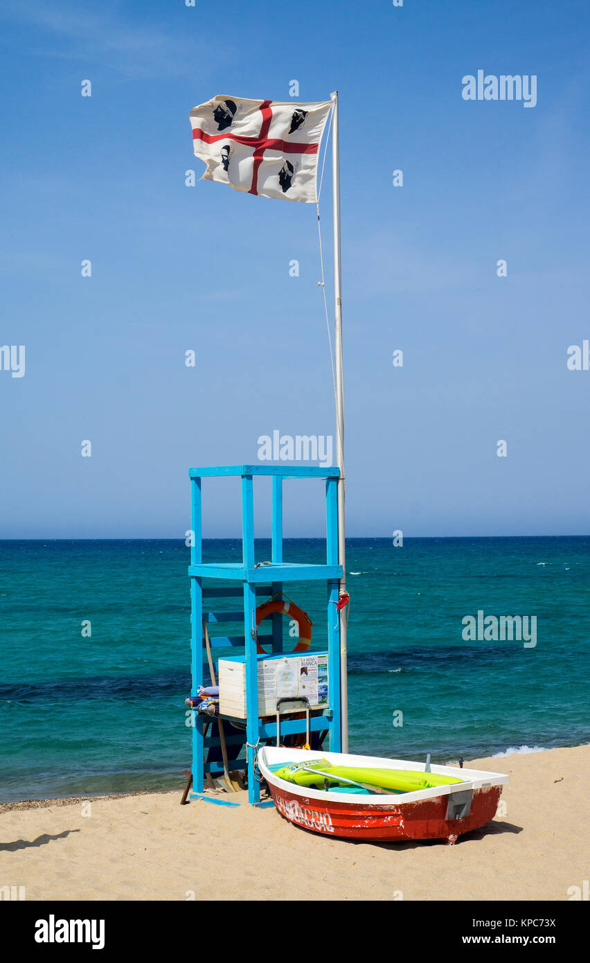 Bay watch tower at sandy beach of Badesi, Sardinia, Italy, Mediterranean sea, Europe Stock Photo