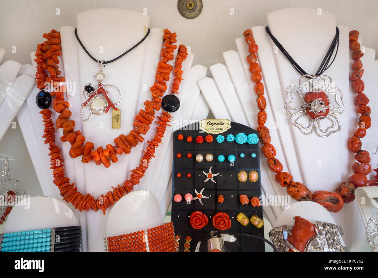 Jewellery made of red corals at a jewellery shop, Alghero, Sardinia, Italy, Mediterranean sea, Europe Stock Photo