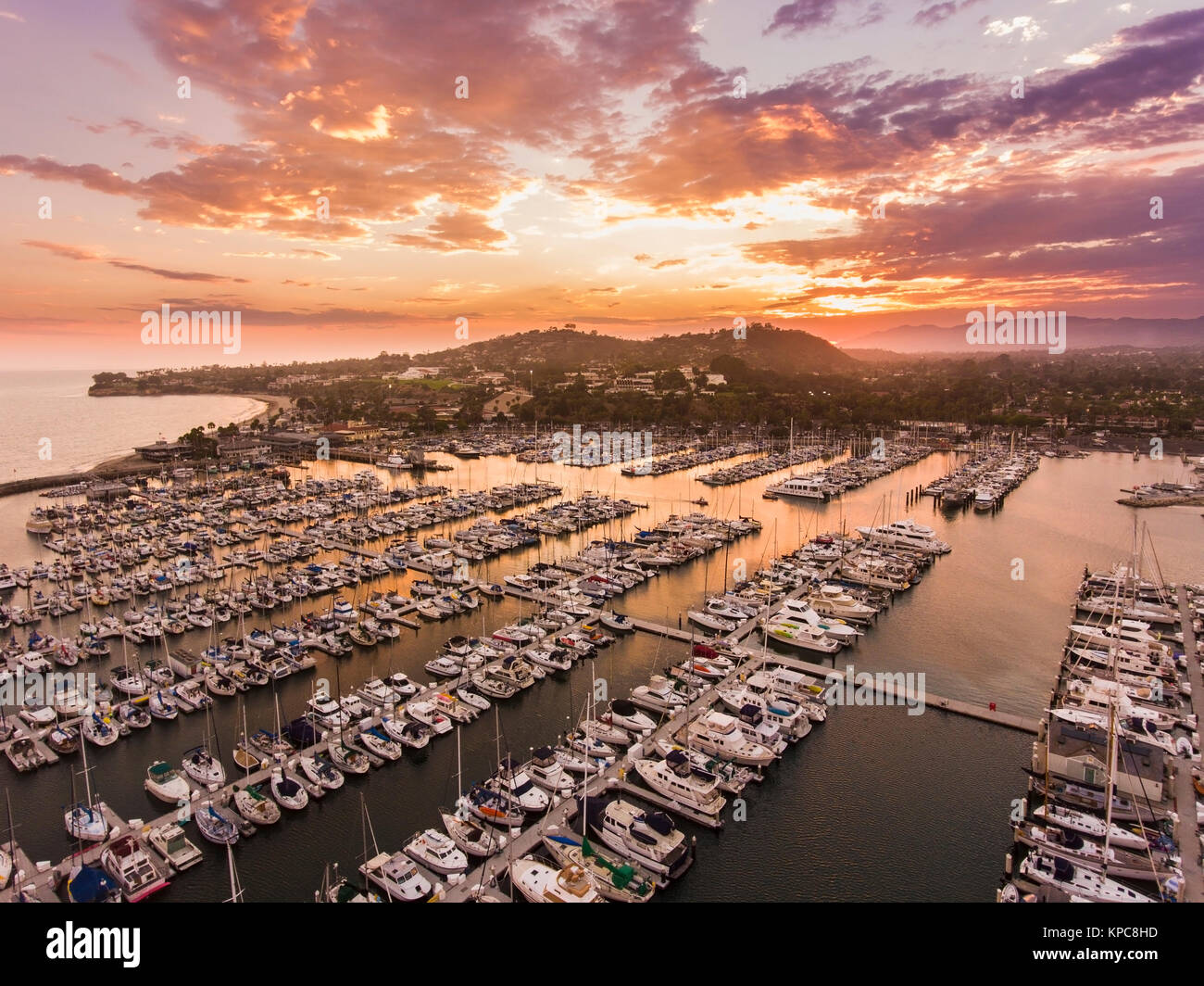 aerial view of sunset clouds over Santa Barbara harbor, Santa Barbara, California Stock Photo