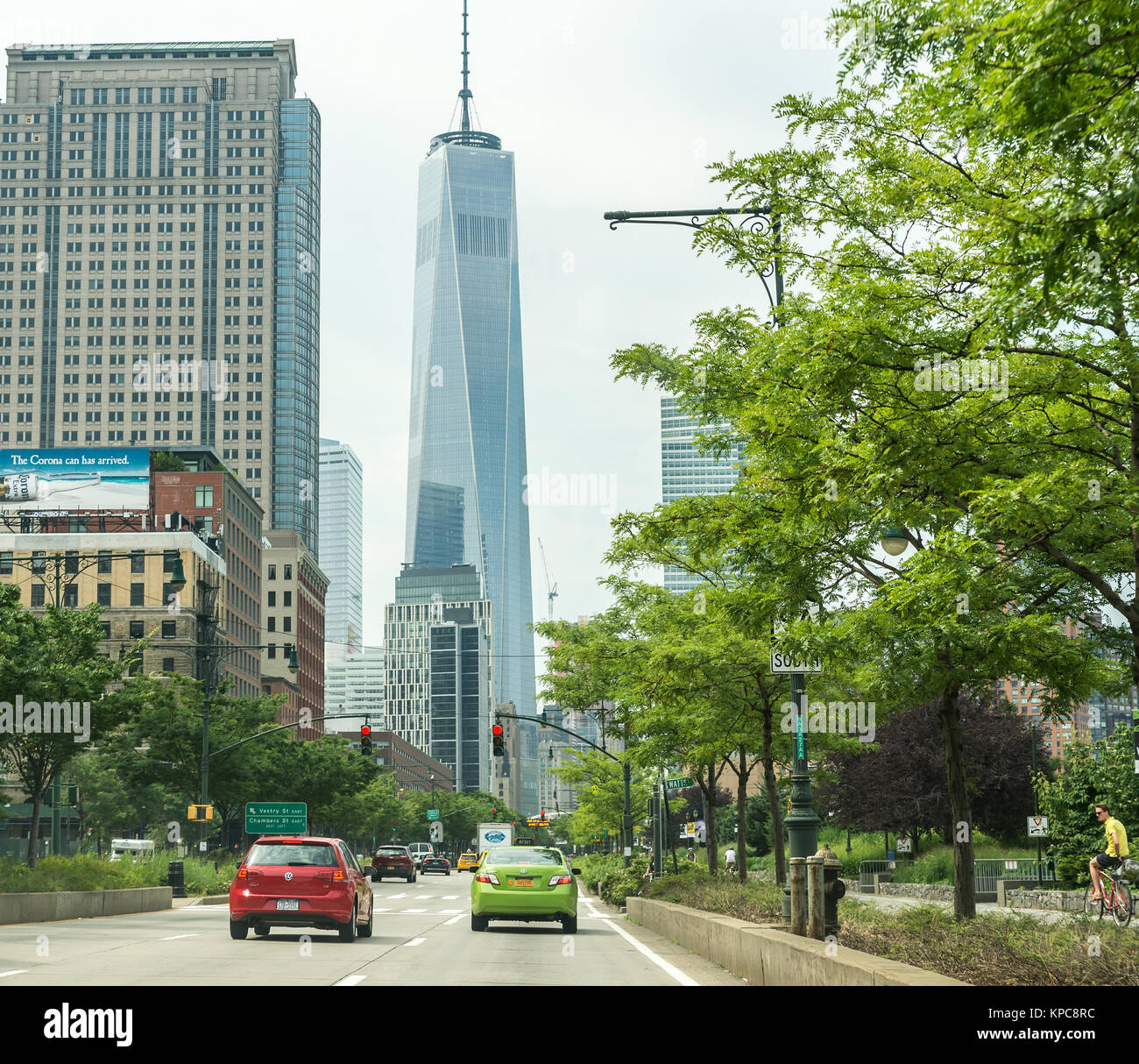 NEW YORK - JULY 13: Freedom Tower (1 WTC) in Manhattan on July 13, 2015. One World Trade Center is the tallest building in the Western Hemisphere and  Stock Photo