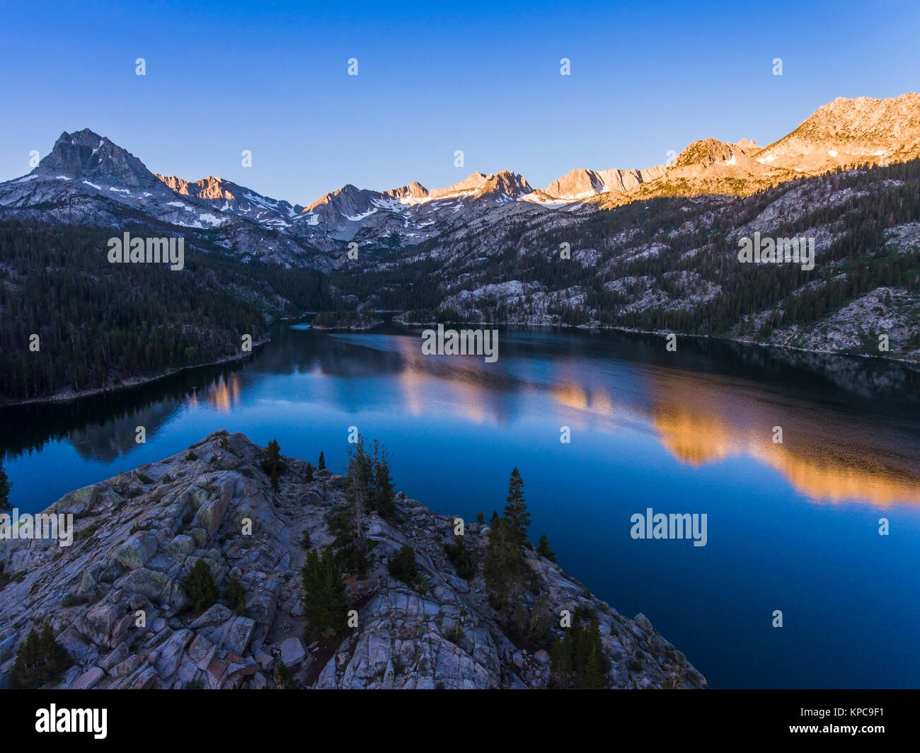 aerial view of South Lake at sunrise and Sierra Nevada Mountains, California Stock Photo