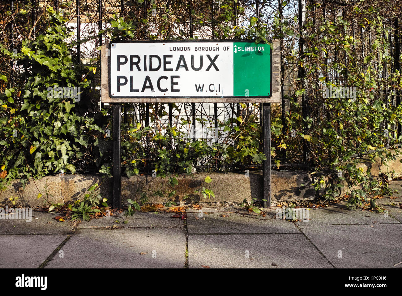 Street sign to Prideaux Place , Islington, London  a name associated with a character in the John Lecarre spy novel, Tinker Tailor, Soldier, Spy. Stock Photo
