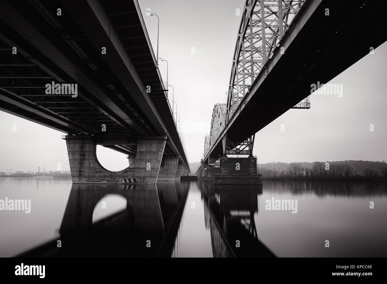 Darnytskyi Bridge in Kiev/ Ukraine in black and white Stock Photo