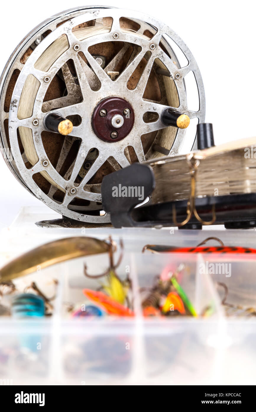 fishing lure in storage box and lading reels Stock Photo Alamy