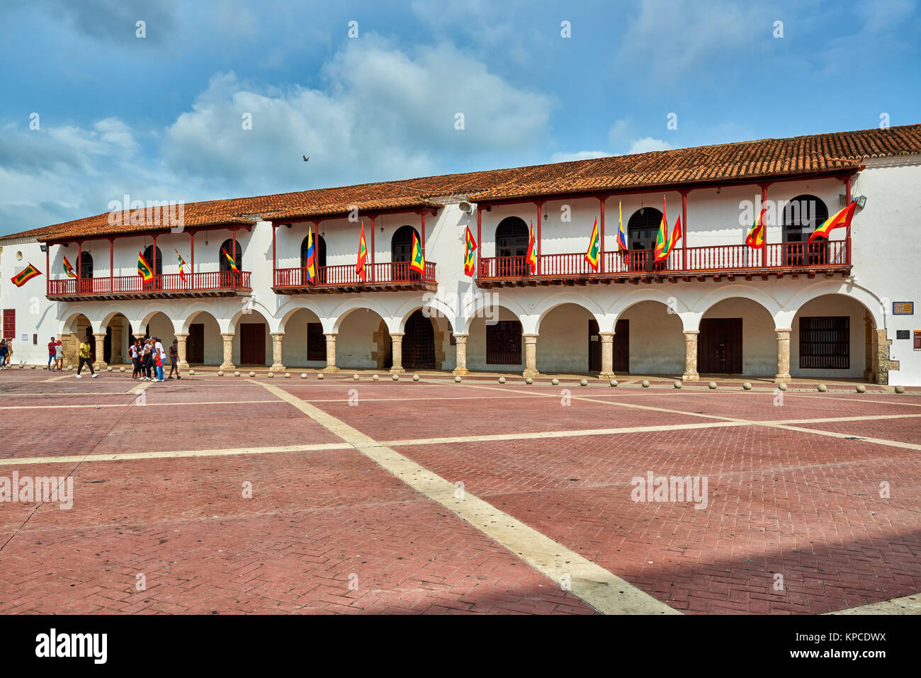 flags of Cartagena at historical facade of town hall 'Alcaldia Mayor', Cartagena de Indias, Colombia, South America Stock Photo