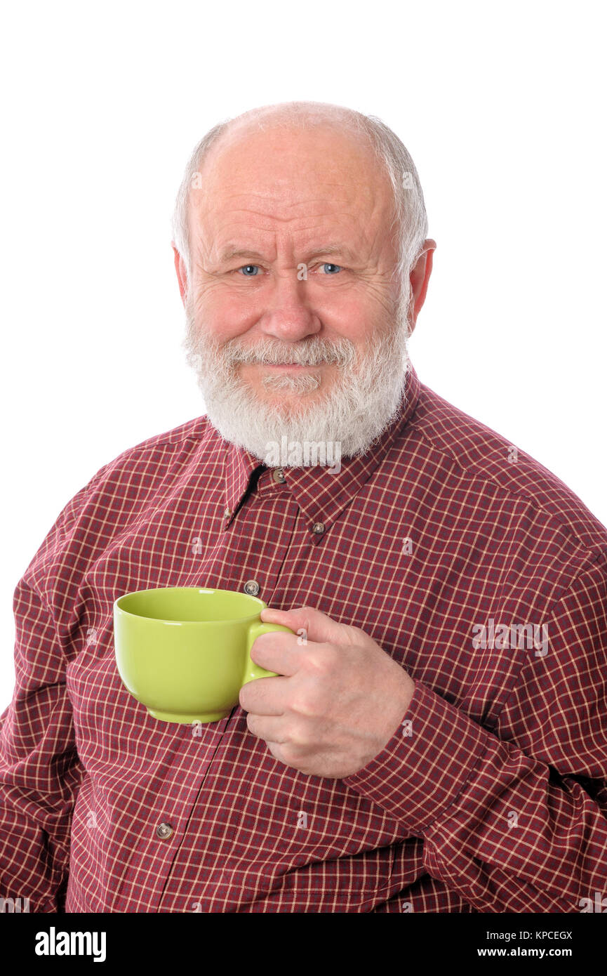Happy senior man with green cup, isolated on white Stock Photo