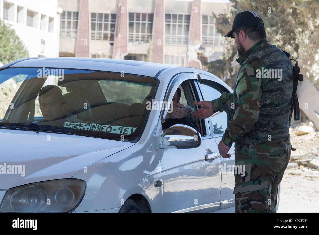Street checkpoint in Damascus, Syria Stock Photo
