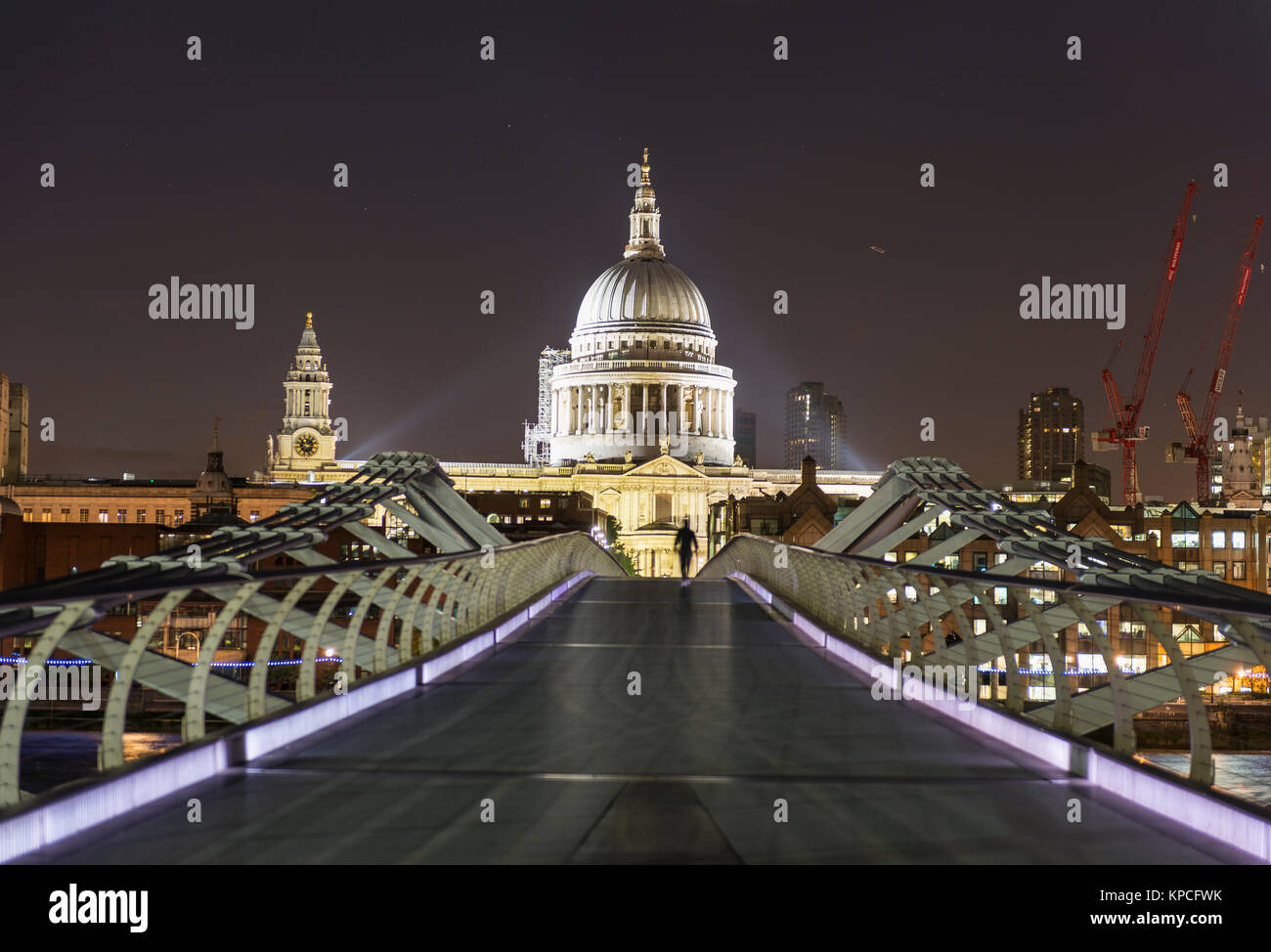 Millenium Bridge and St Paul's Cathedral by night, London, England, Great Britain Stock Photo