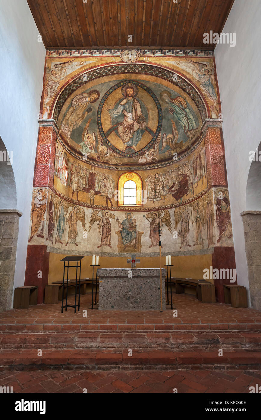 Altar room with fresco, Romanesque basilica St. Peter and Paul, Petersberg near Erdweg, Dachau, Upper Bavaria, Bavaria, Germany Stock Photo