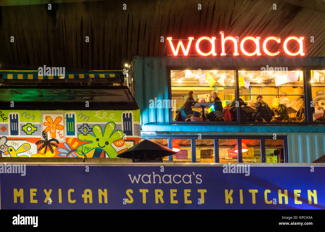 A branch of Wahaca mexican restaurants and Wahaca's Mexican Street Kitchen on London's Southbank. Stock Photo