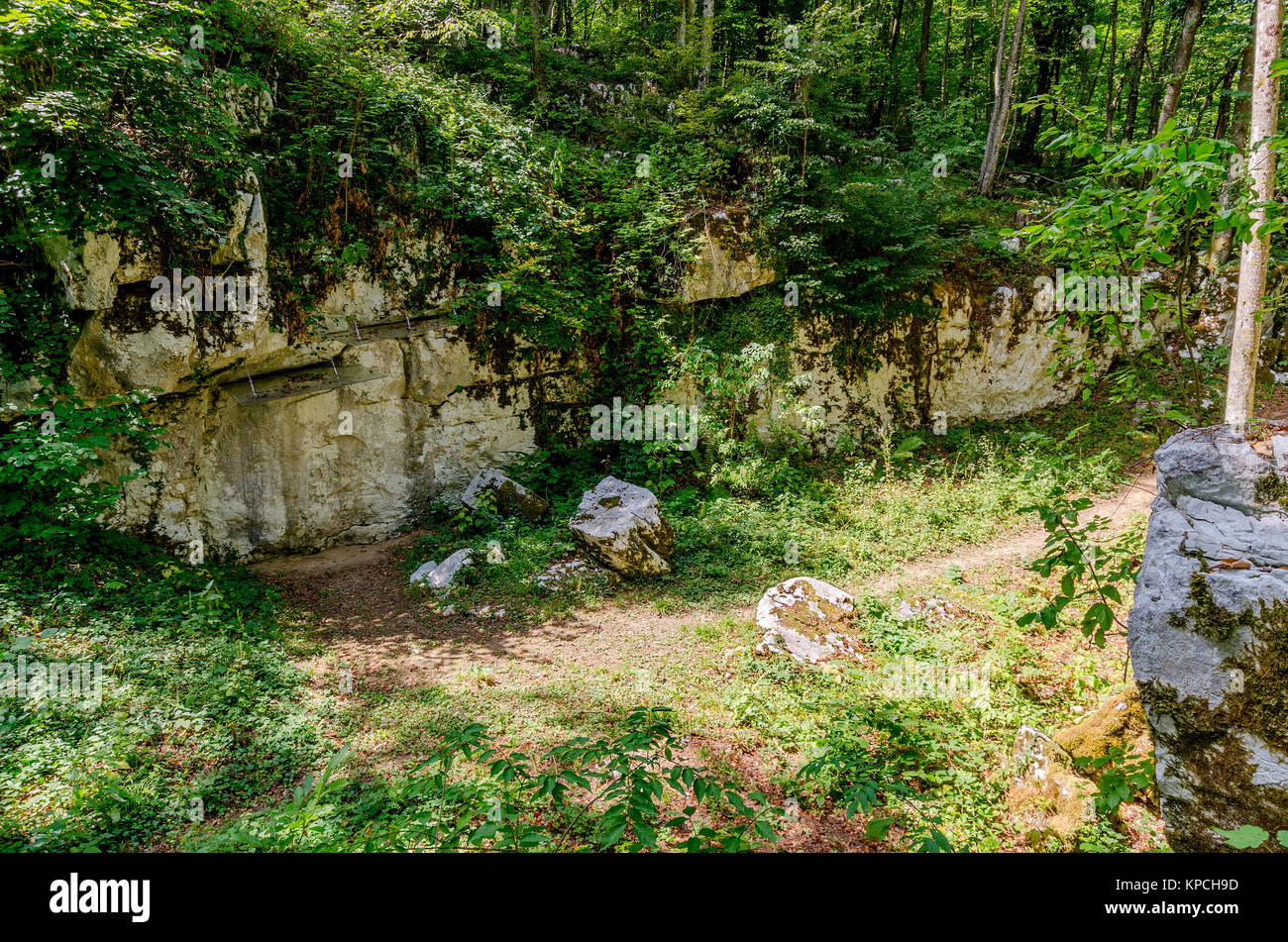 Mithraic temple (Mithraeum II century) situated in chestnut forest above Rozanec, Bela Krajina (White Carniola) region, Slovenia, Europe. Stock Photo