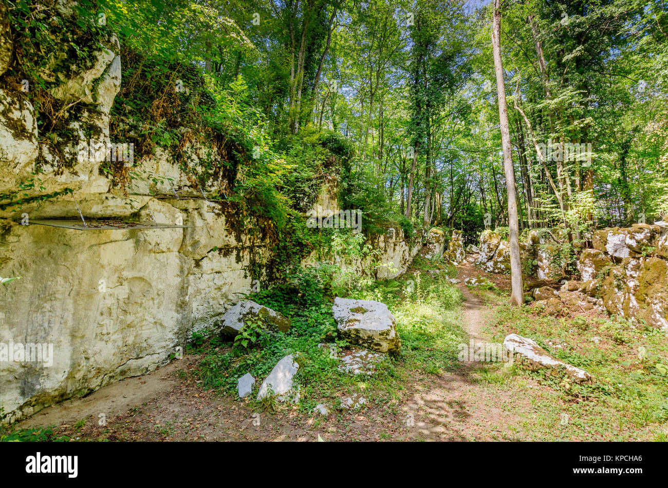 Mithraic temple (Mithraeum II century) situated in chestnut forest above Rozanec, Bela Krajina (White Carniola) region, Slovenia, Europe. Stock Photo