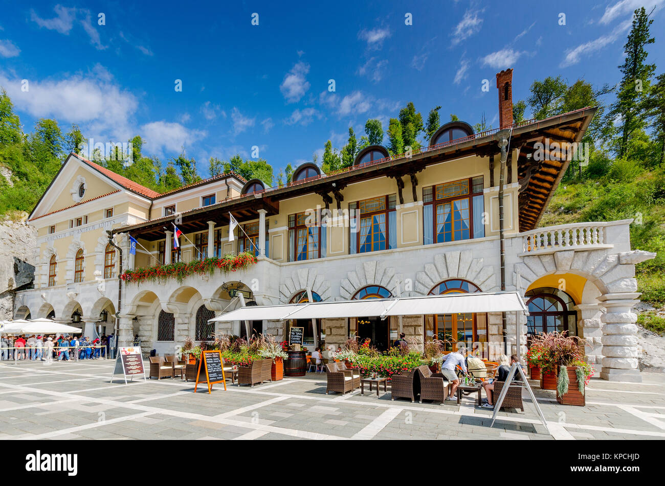 Jamski Dvorec mansion - entrance to the Postojna Cave, Slovenia, Europe Stock Photo