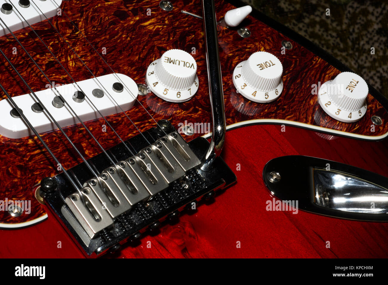 Electric guitar frets, strings & pickup Stock Photo Alamy