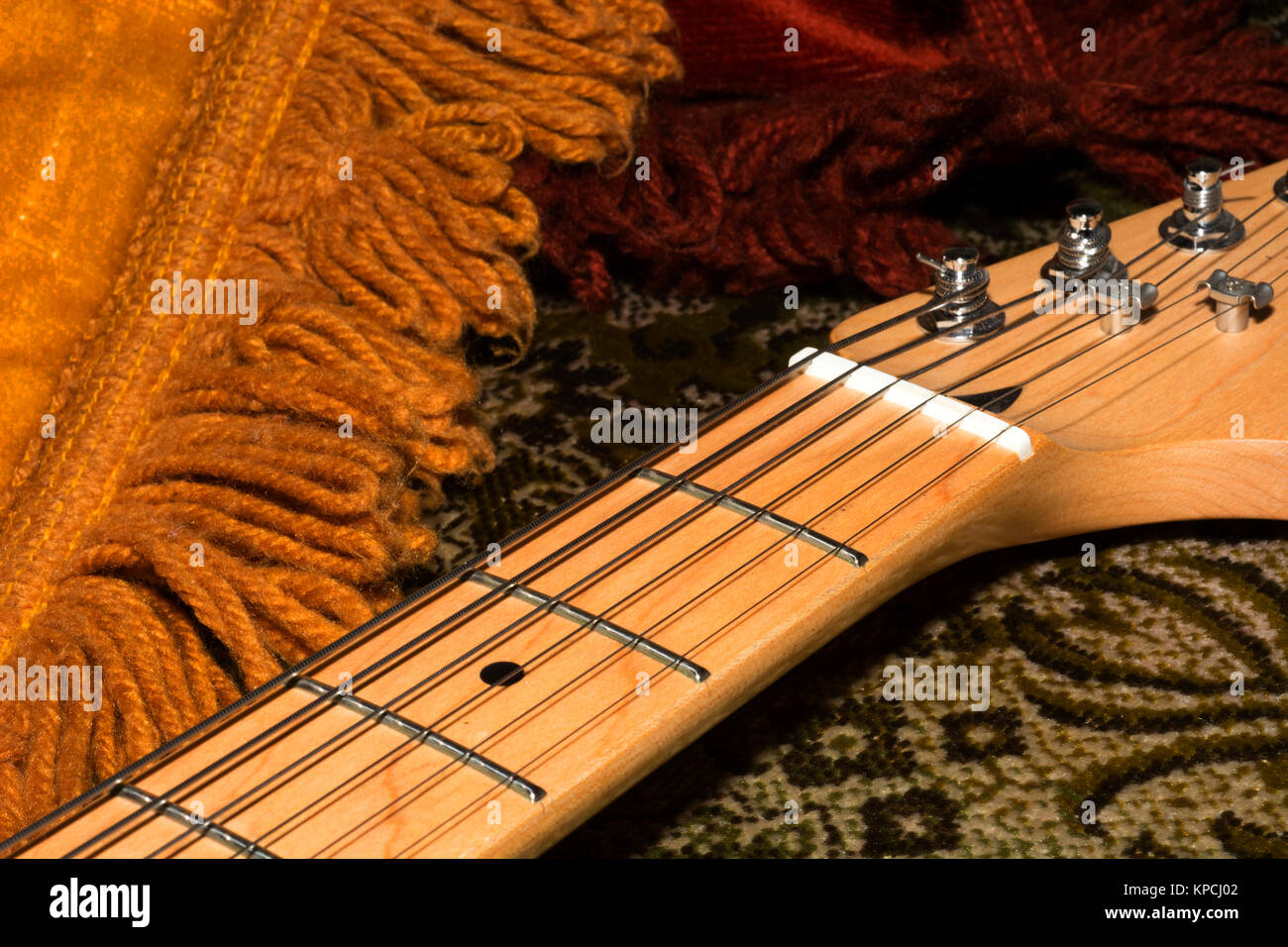 Electric guitar frets, strings & pickup Stock Photo Alamy