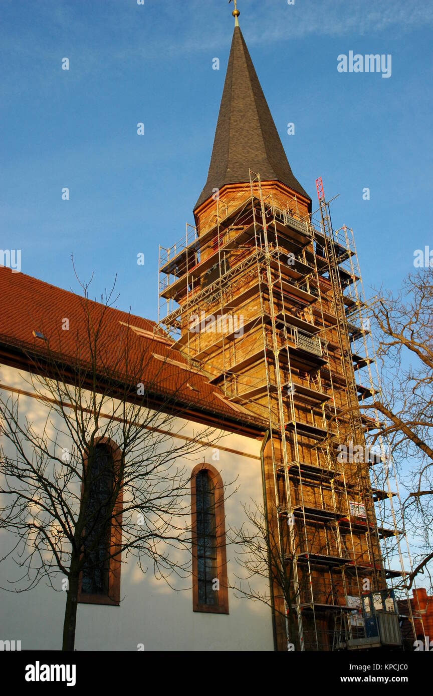 restoration of the church tower in herxheim in der pfalz Stock Photo