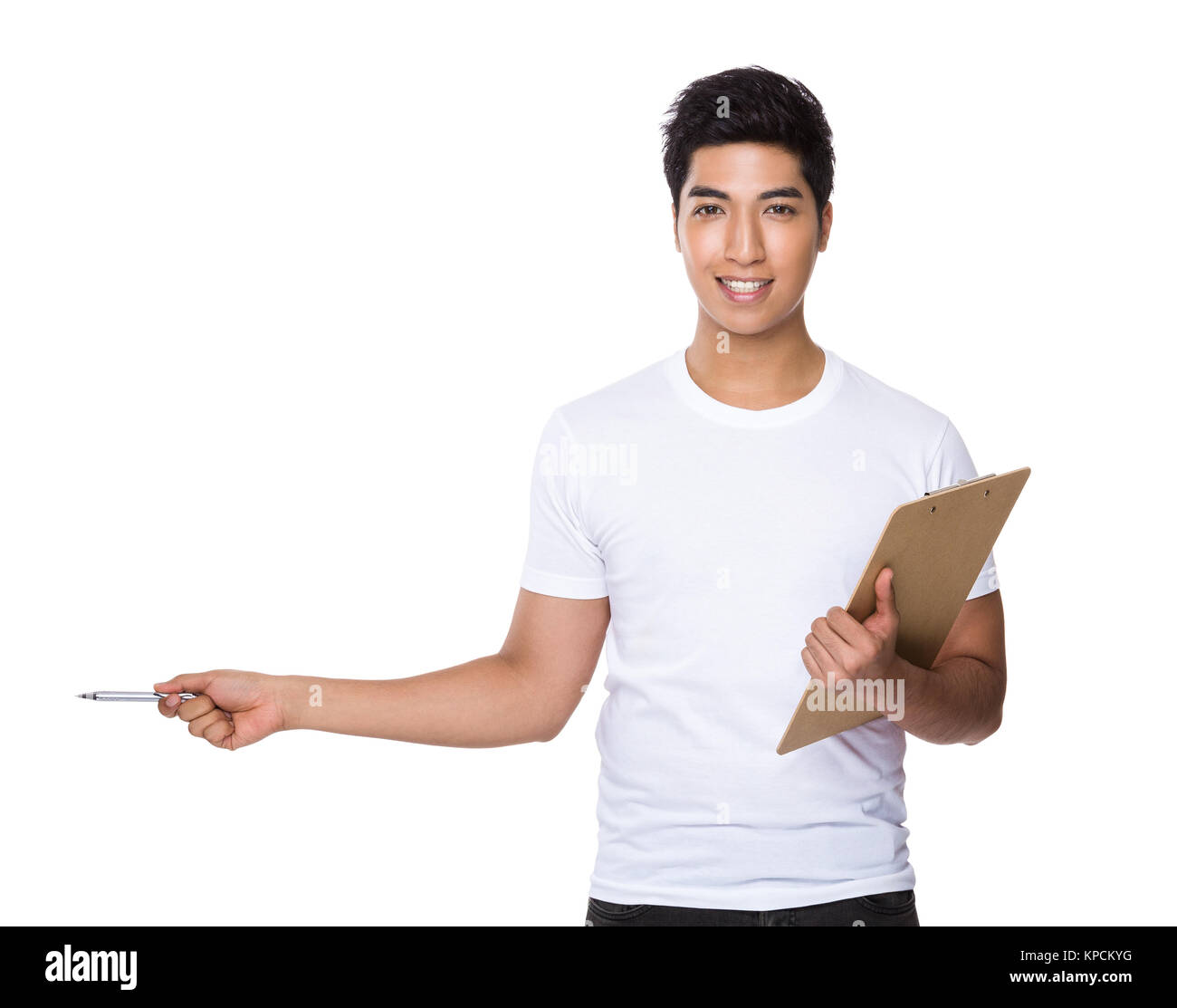 Asian man hold with clipboard and pen point aside Stock Photo - Alamy