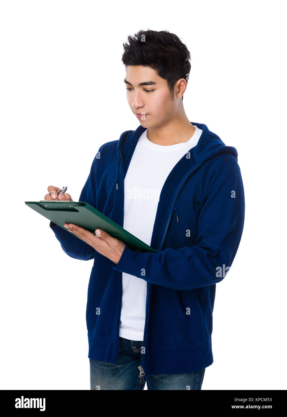 Asian young man take note on clipboard Stock Photo - Alamy