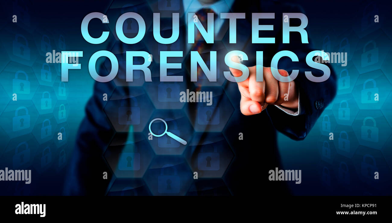 Forensic Examiner Pushing COUNTER FORENSICS Stock Photo