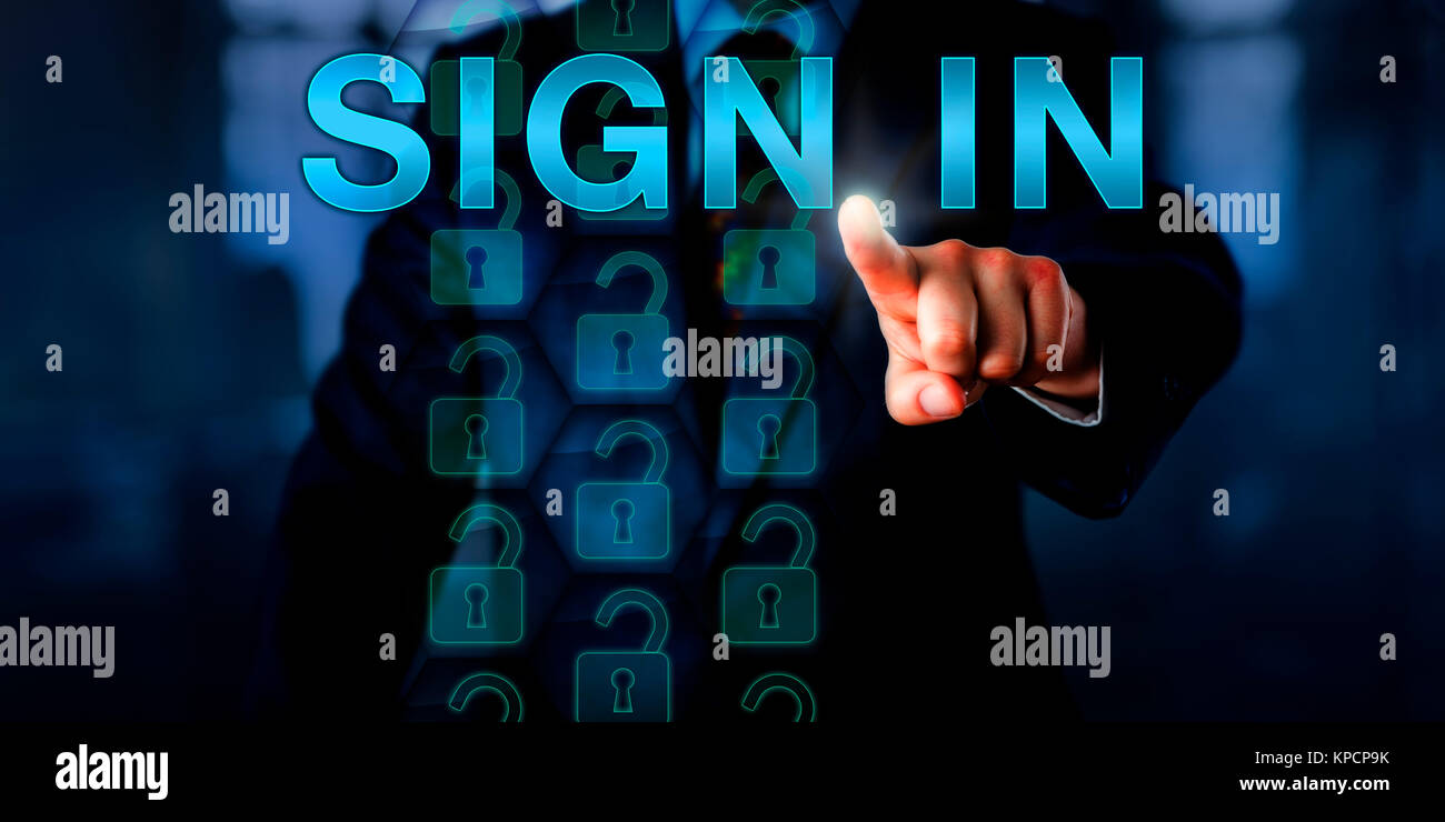 Entrepreneur Pointing at SIGN IN Onscreen Stock Photo