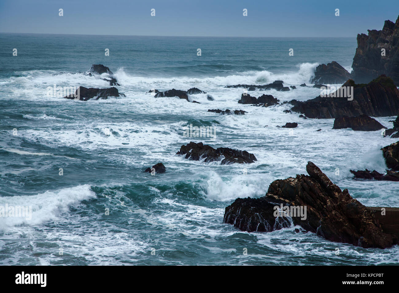 Wild Atlantic waves on Portugal's coast at cabo Sardao Stock Photo