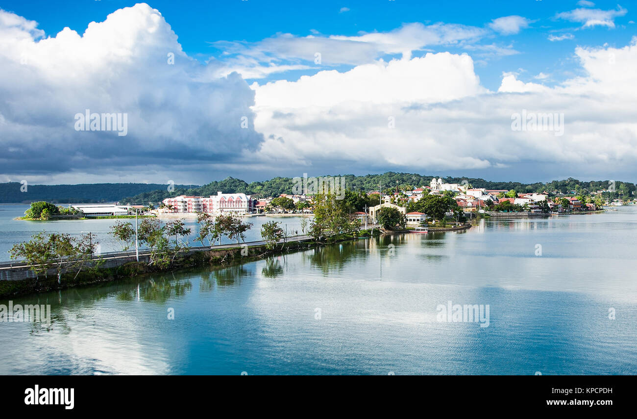 Panoramic view at Peten Iitza lake in Flores. Guatemala. Stock Photo