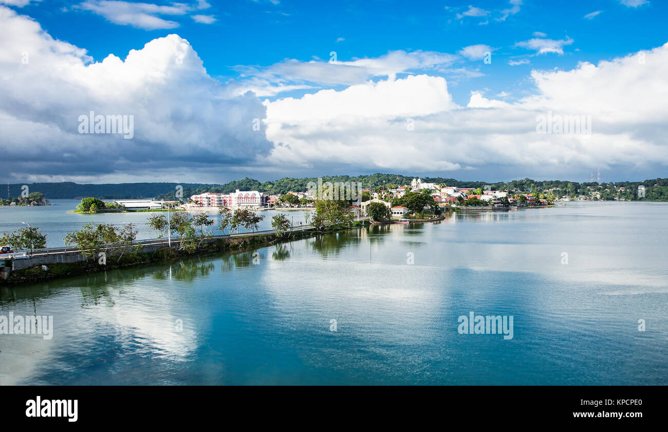 Panoramic view at Peten Iitza lake in Flores, Guatemala. Stock Photo