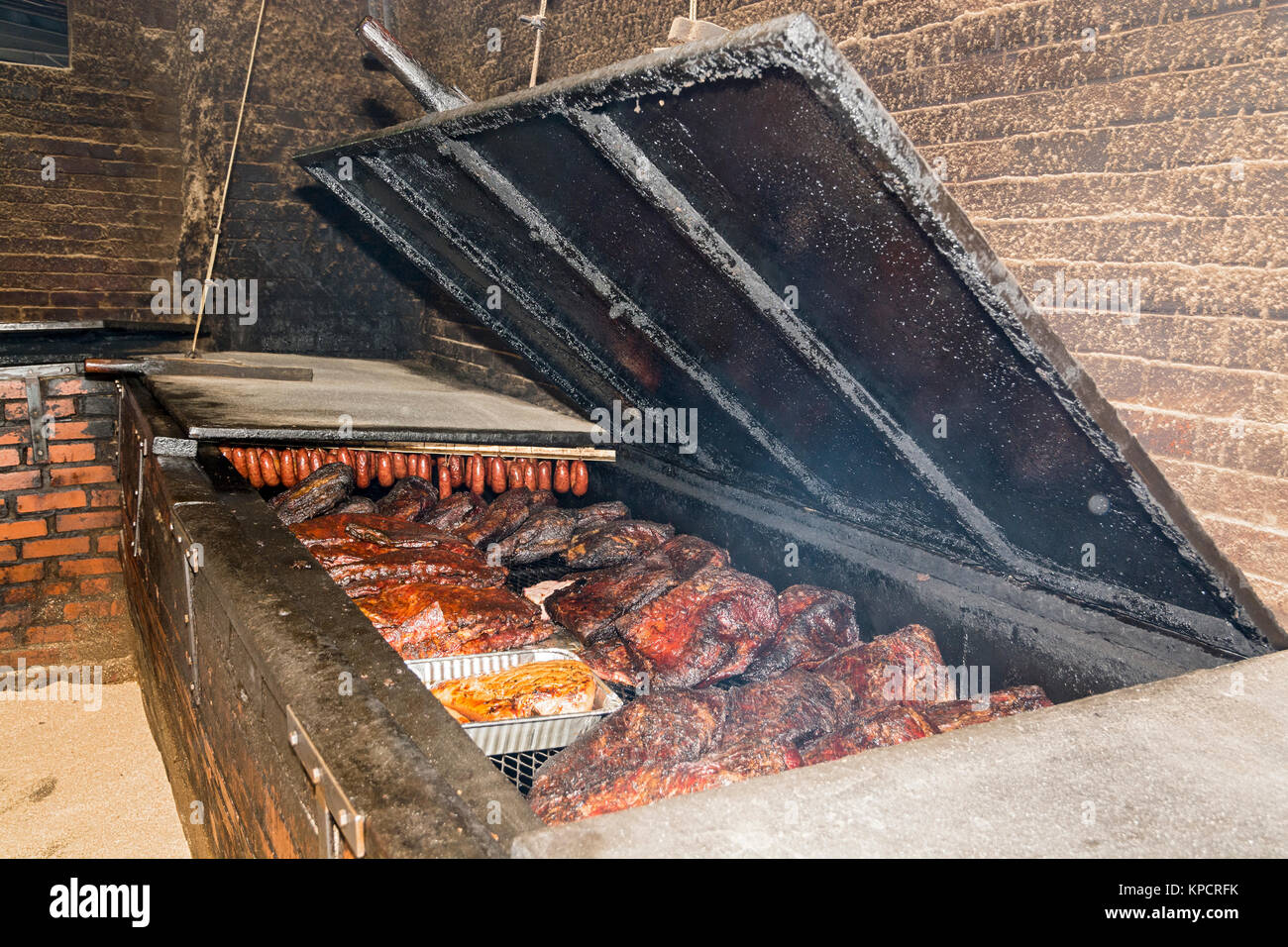 Texas, Caldwell County, Lockhart, Smitty's Market, barbecue restaurant, smoker Stock Photo