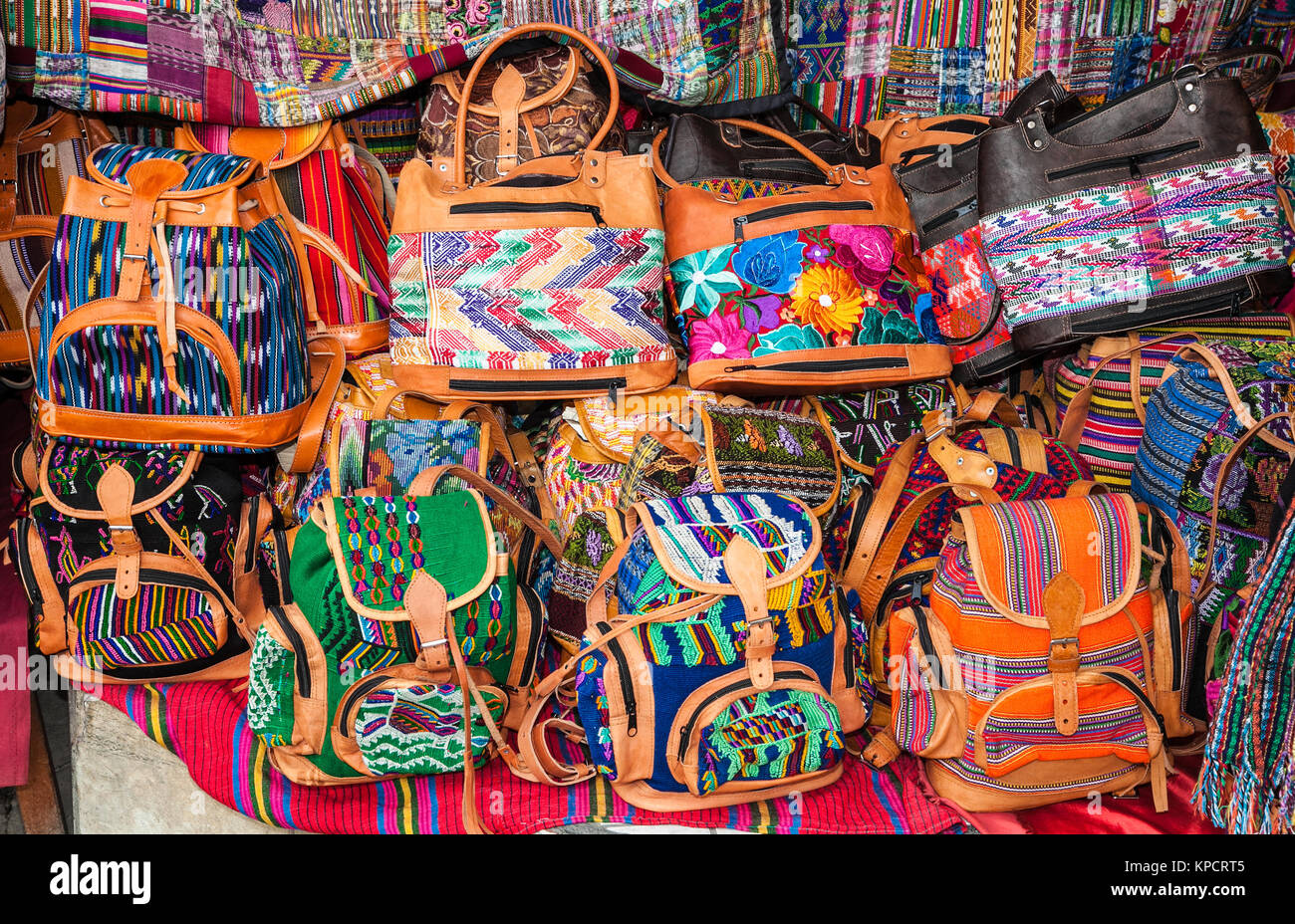 Traditional  colorful handmade bag at the street market in Panajachel, Guatemala. Stock Photo