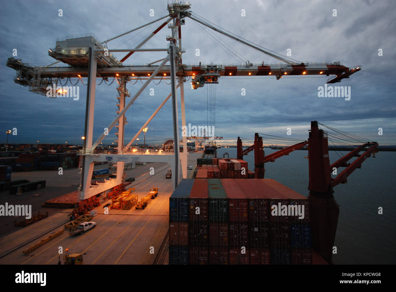 Fisherman Island Container Terminal Viewed from Ship's Bridge Stock Photo