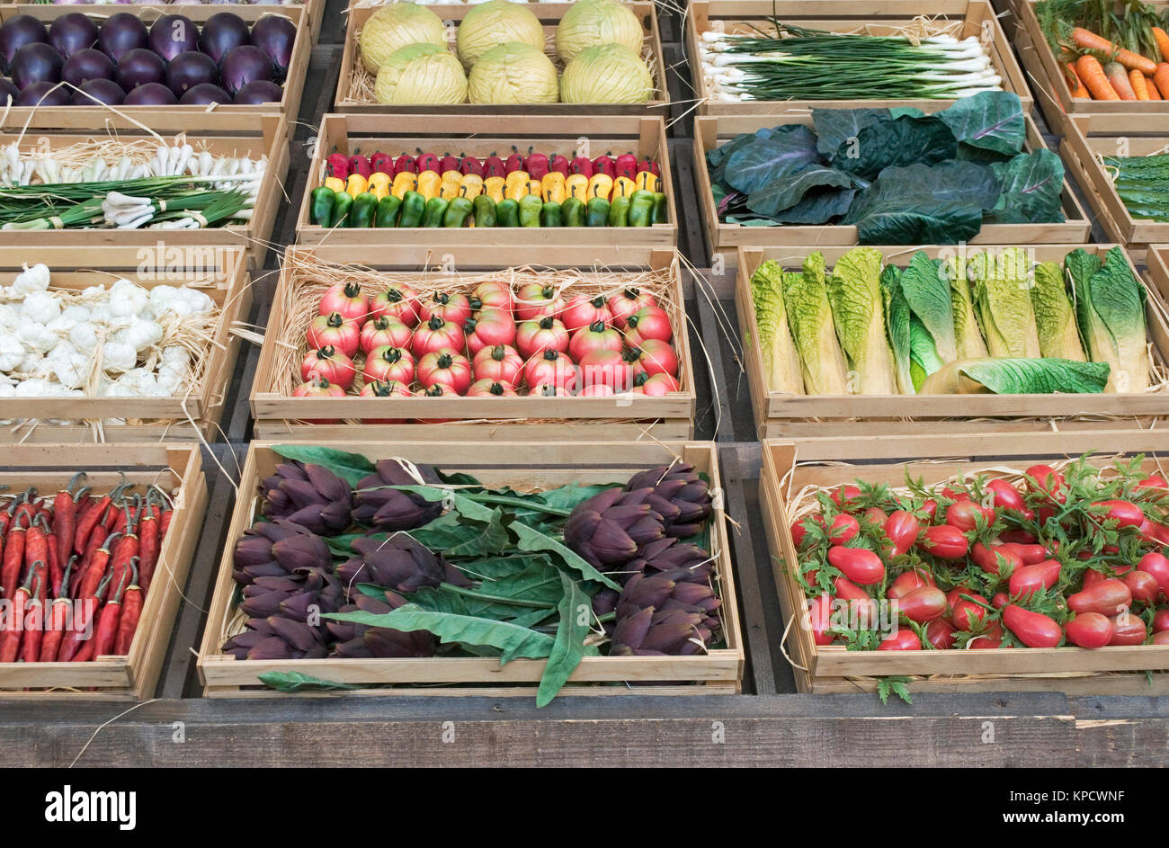 various vegetables in wooden crates Stock Photo Alamy