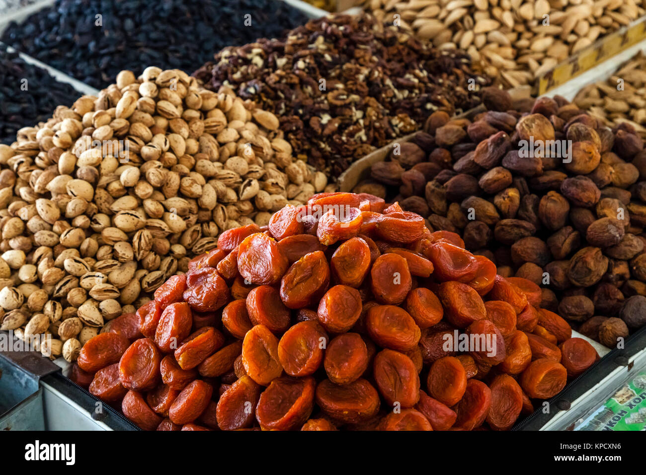 Dried Fruit and Nuts For Sale At The Chorsu Bazaar, Tashkent, Uzbekistan Stock Photo