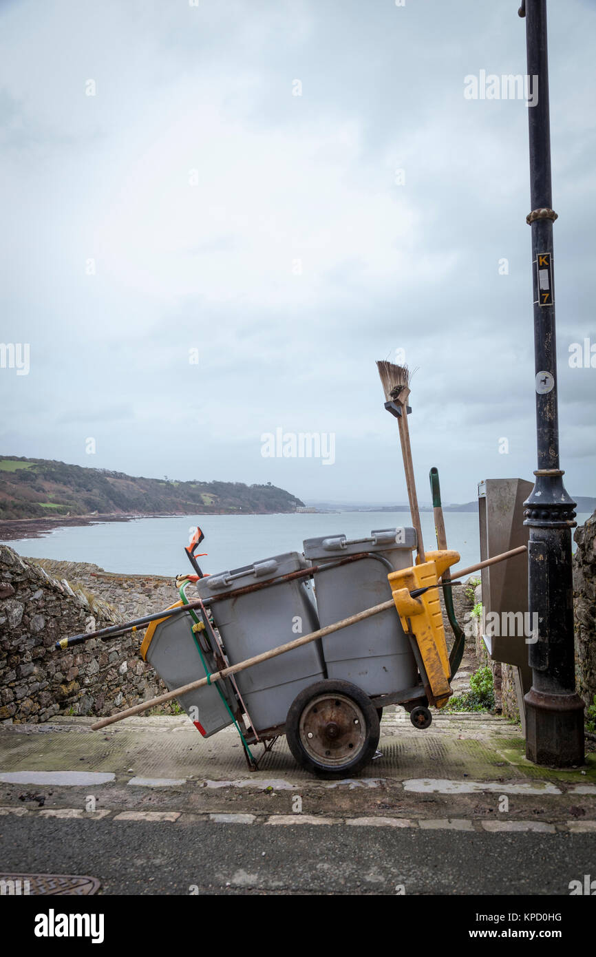 Street cleaner's trolley cart complete with brushes and shovel is