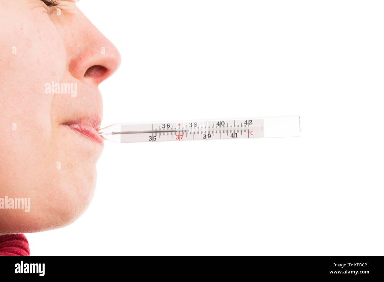Close up woman mercury thermometer in her mouth hires stock