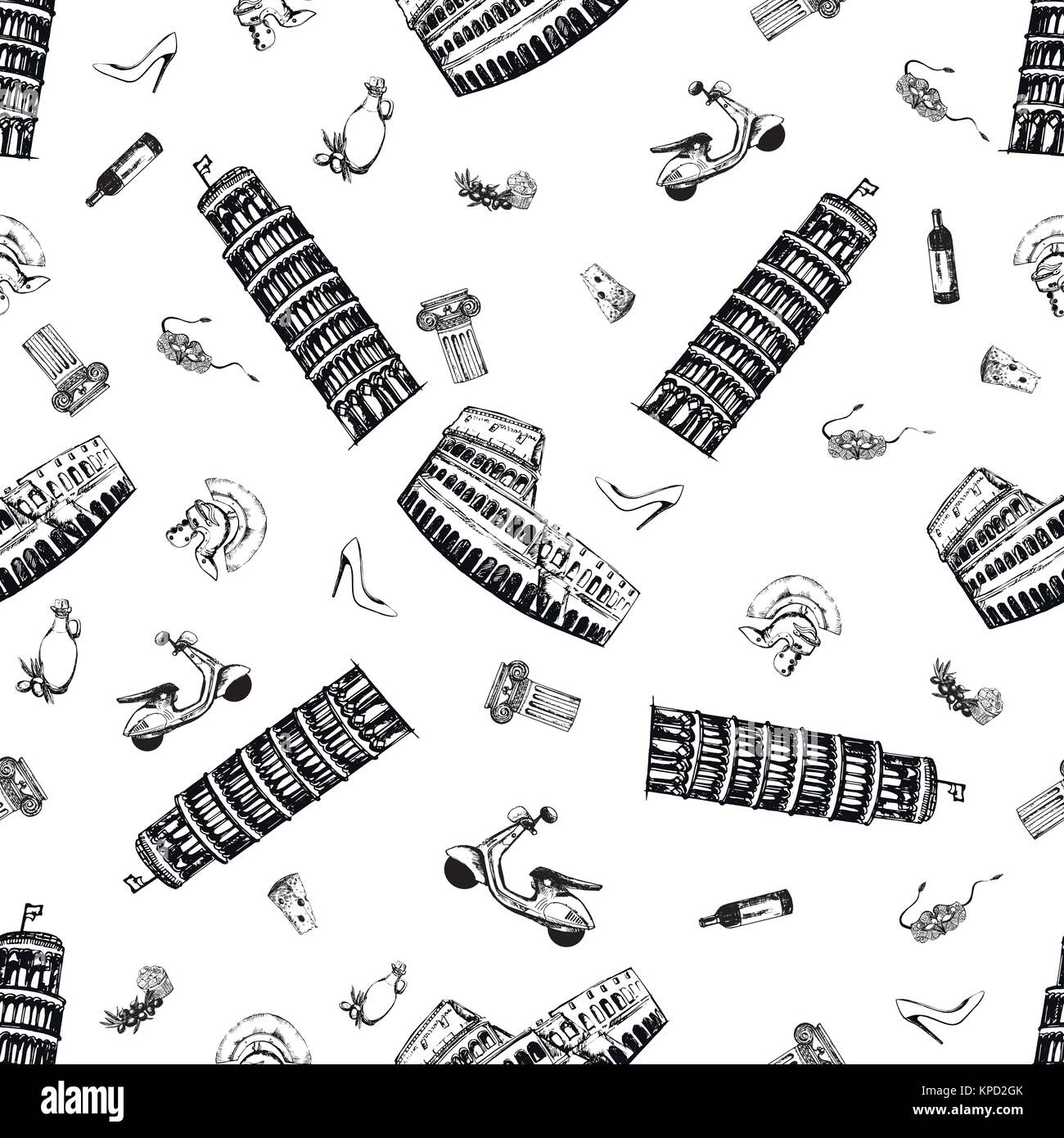 Seamless pattern of sketch style Italy themed objects. Vector illustration isolated on white background. Stock Vector