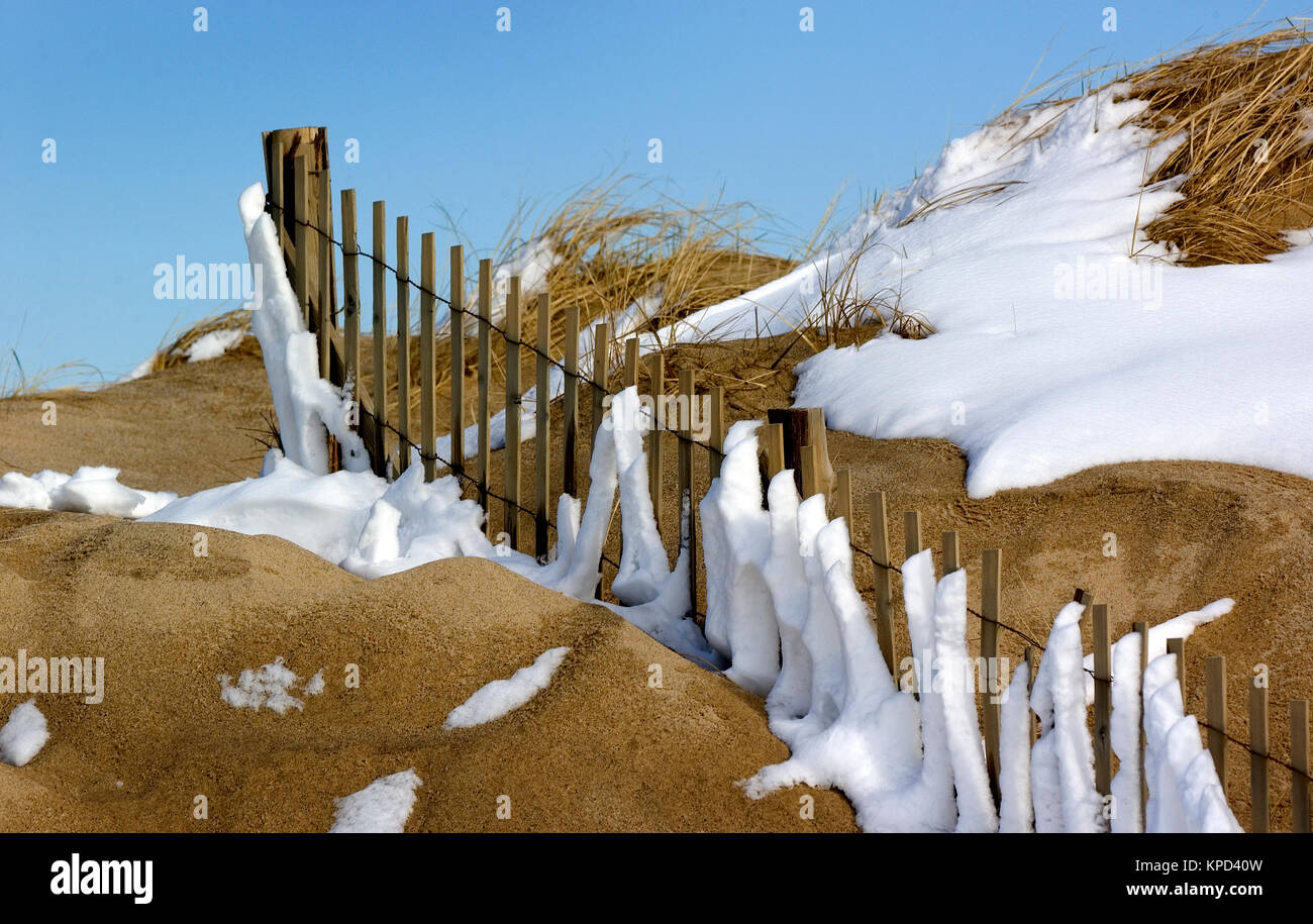 Snow capped sand dunes and fence in Provincetown, Massachusetts on Cape Cod, Cape Cod National Seashore, USA Stock Photo