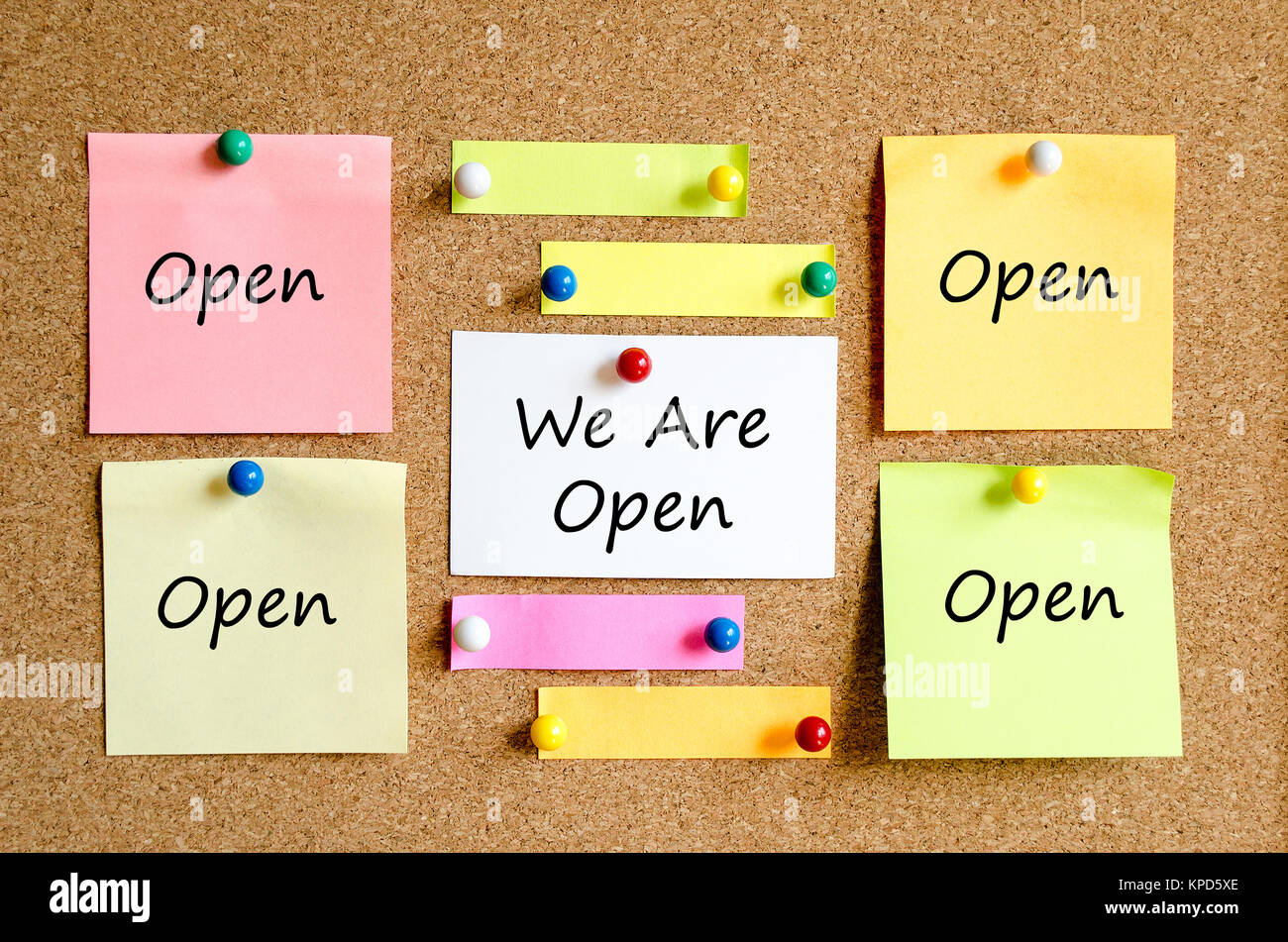 We are open sticky note text concept Stock Photo