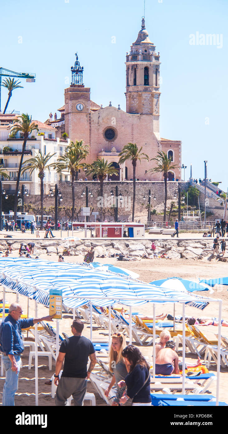 Sitges, Spain - May 26, 2013 - View of the Sant Bartolomeu & Santa Tecla church in the village of Sitges, Spain Stock Photo