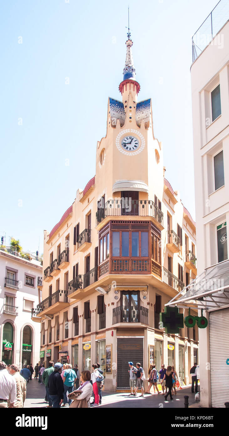 Sitges, Spain - May 26, 2013 - View of the famous Bartomeu Carbonell house in the village of Sitges, Spain Stock Photo