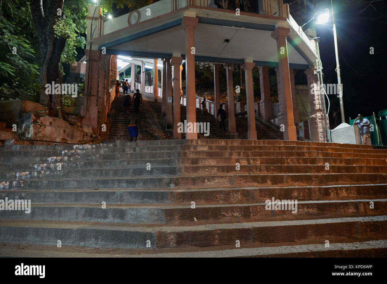 Palani, Lord Murukan's famous temple in Tamilnadu,  Steps to the temple, murukan devotees, street business, palani night view Stock Photo