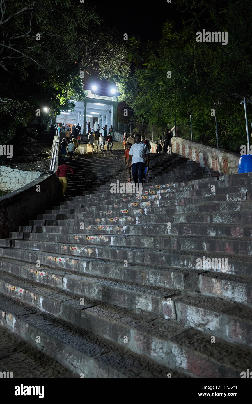 Palani, Lord Murukan's famous temple in Tamilnadu,  Steps to the temple, murukan devotees, street business, palani night view Stock Photo