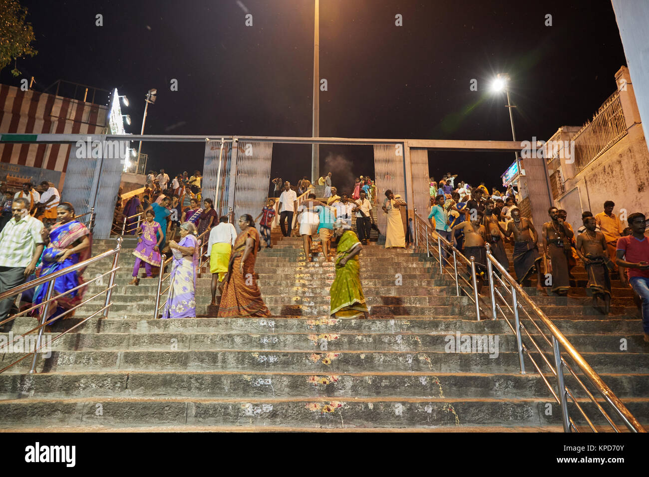 Palani, Lord Murukan's famous temple in Tamilnadu,  Steps to the temple, murukan devotees, street business, palani night view Stock Photo